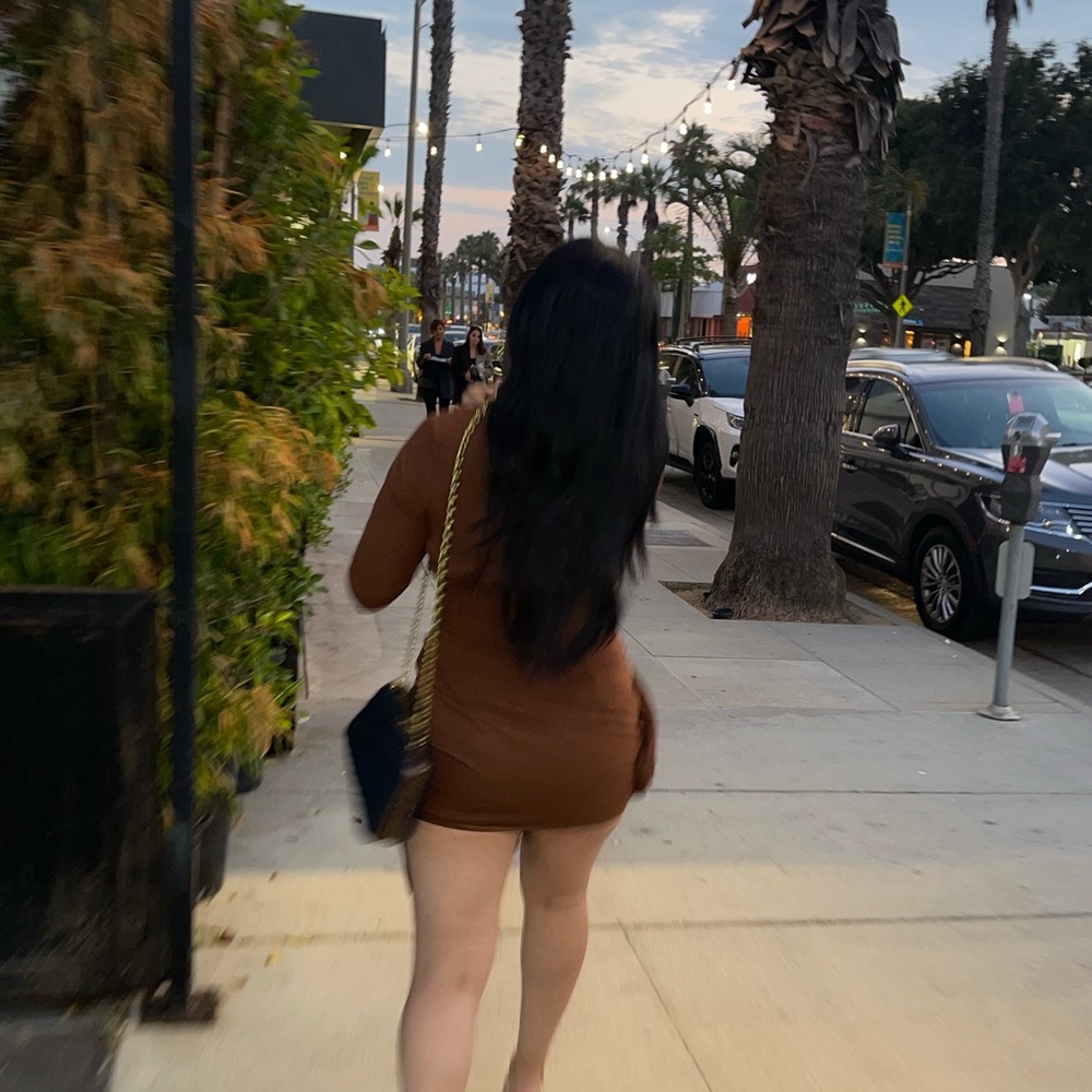 Brown assymetrical long sleeve mini dress